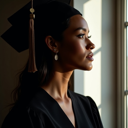 AI-generated photo: Professional portrait photography, a dramatic profile portrait of a graduate in cap and gown posed n...