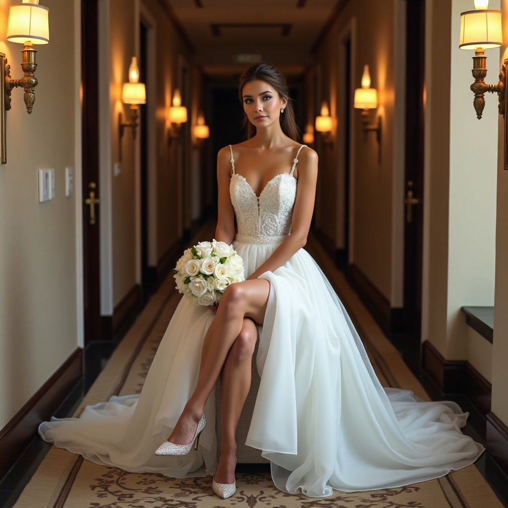 AI-generated photo: Photorealistic wedding photography: in a luxe hotel corridor, the bride perches on the front inch of...