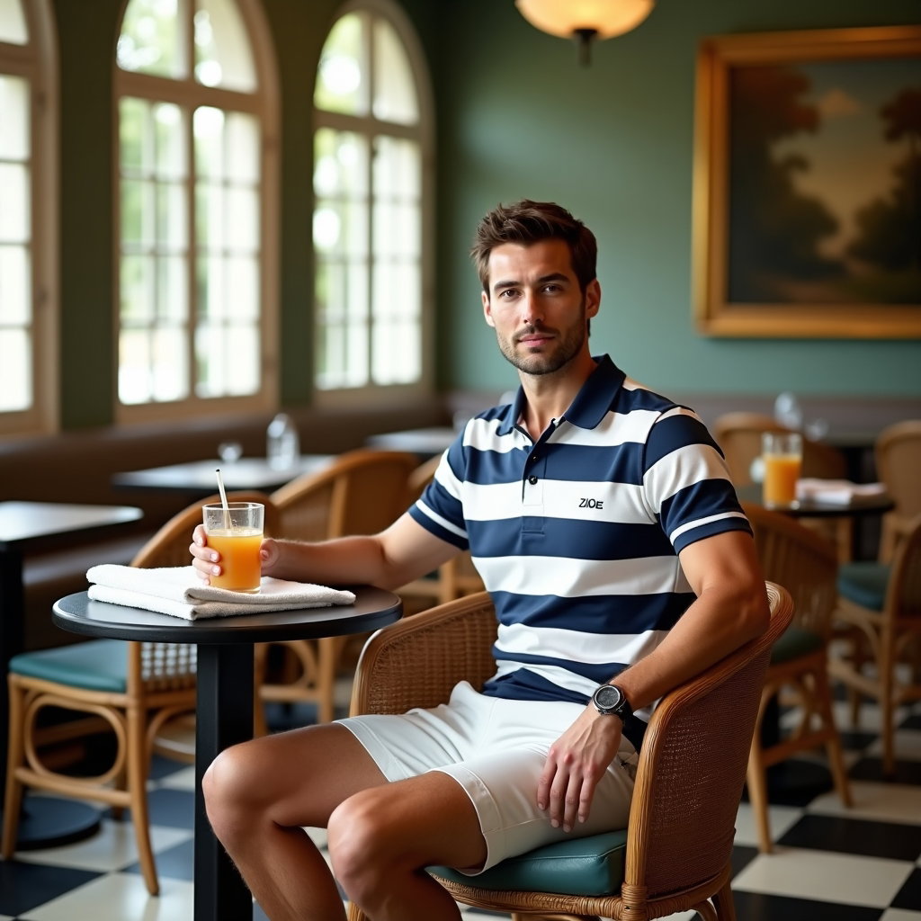 Off-Court Clubhouse Tenniscore Portraits example: Photorealistic environmental portrait photography. Clubhouse café portrait with the subject seated at a small round tabl