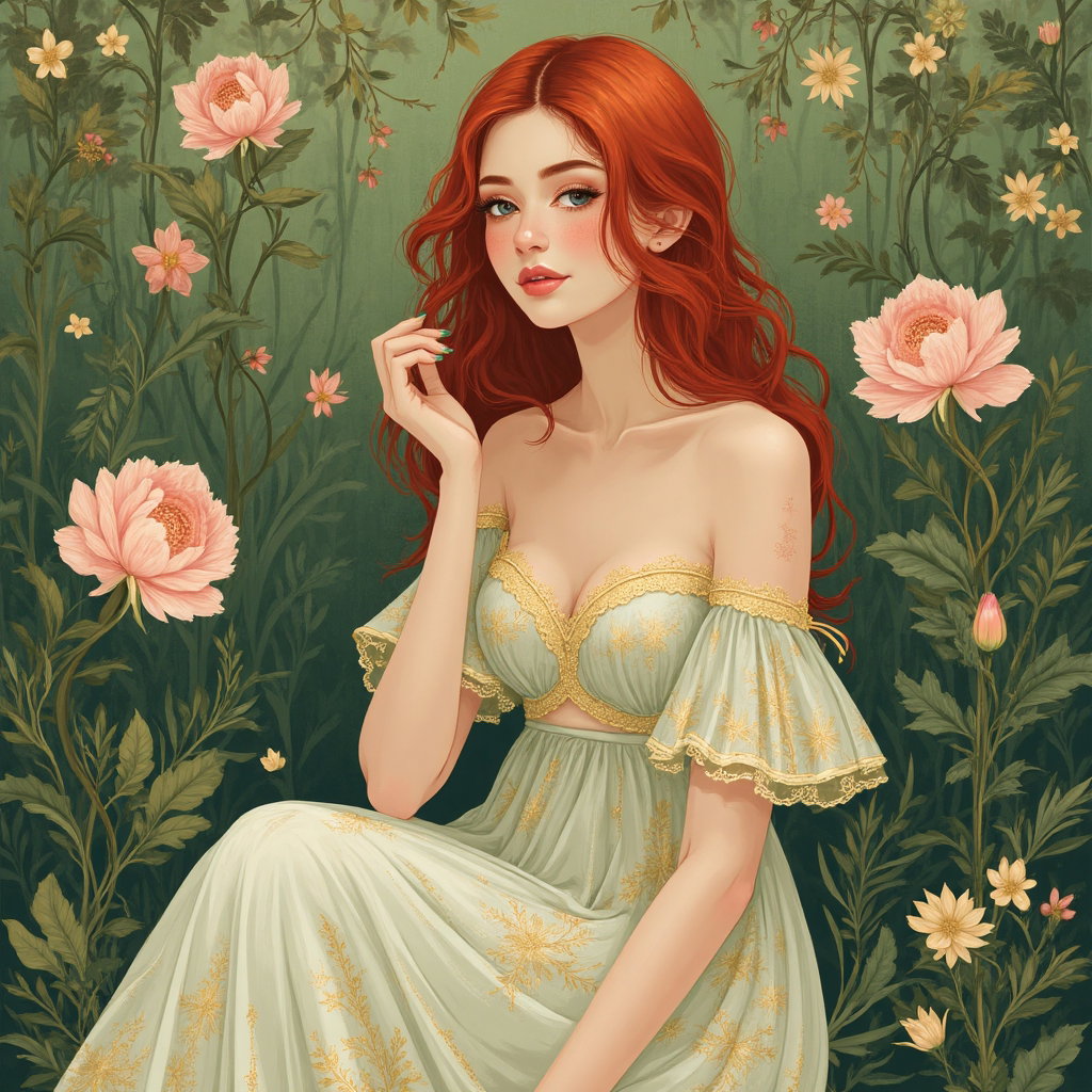 AI-generated photo: Art Nouveau illustration. Capture an elegantly posed woman seated in a lush, stylized garden, charac...