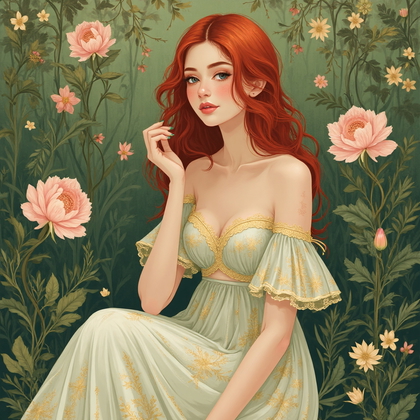 AI-generated photo: Art Nouveau illustration. Capture an elegantly posed woman seated in a lush, stylized garden, charac...