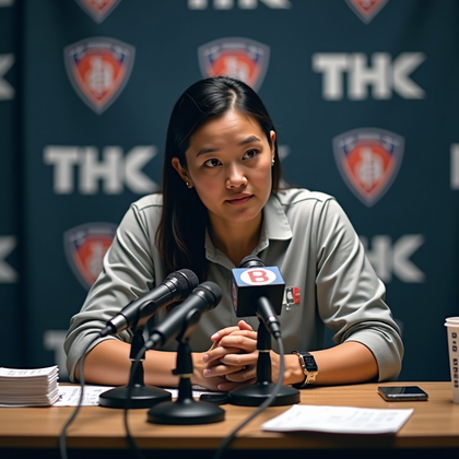 AI-generated photo: Photorealistic sports editorial photo: postgame press conference table with multiple microphones and...