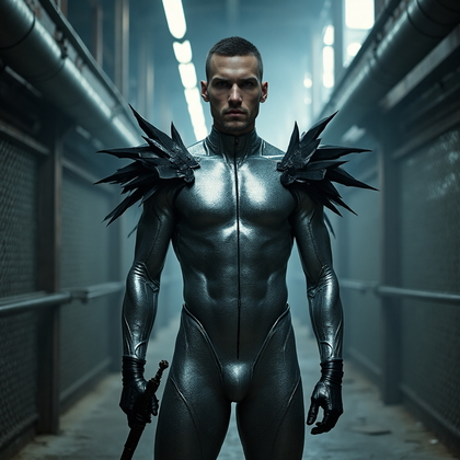 AI-generated photo: Cosplay villain photo featuring a sinister character clad in a sleek, metallic silver bodysuit that ...