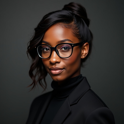 AI-generated photo: Professional headshot: In-house studio setup against a smooth slate seamless with a faint gold 2026 ...