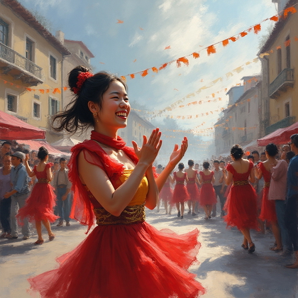 AI-generated photo: Impressionist painting. A lively street carnival scene under the soft, diffused light of a cloudy af...