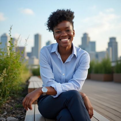AI-generated photo: Professional headshot of a relaxed lifestyle portrait capturing the essence of a modern urban roofto...