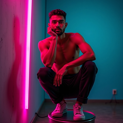 AI-generated photo: Photorealistic neon editorial portrait photo on a matte concrete set with a topographic contour-line...