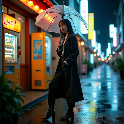 AI-generated photo: Fashion editorial street photography, a seductive yet sophisticated rainy umbrella portrait in a qui...