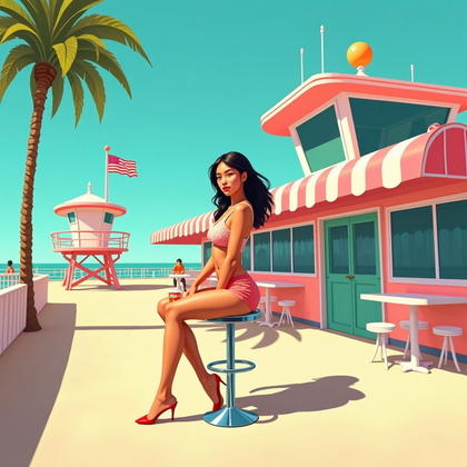 AI-generated photo: Cel-shaded key art illustration — sunlit boardwalk portrait in front of pastel Art Deco façades and ...