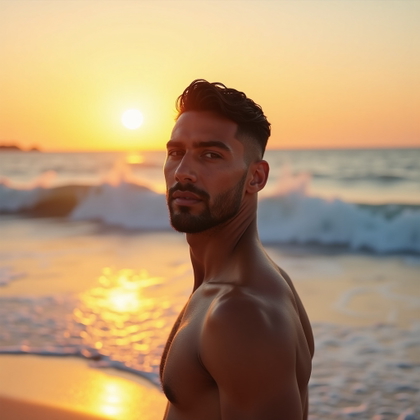 Golden Hour Beach Walk Photo example: Dating profile photo. Editorial hero image with the subject centered on a dramatic shoreline at sunset, walking forward