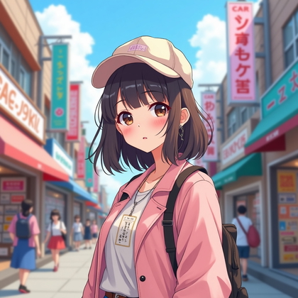 AI-generated photo: Anime illustration. A dreamy pastel character portrait staged in a Harajuku-inspired fashion distric...