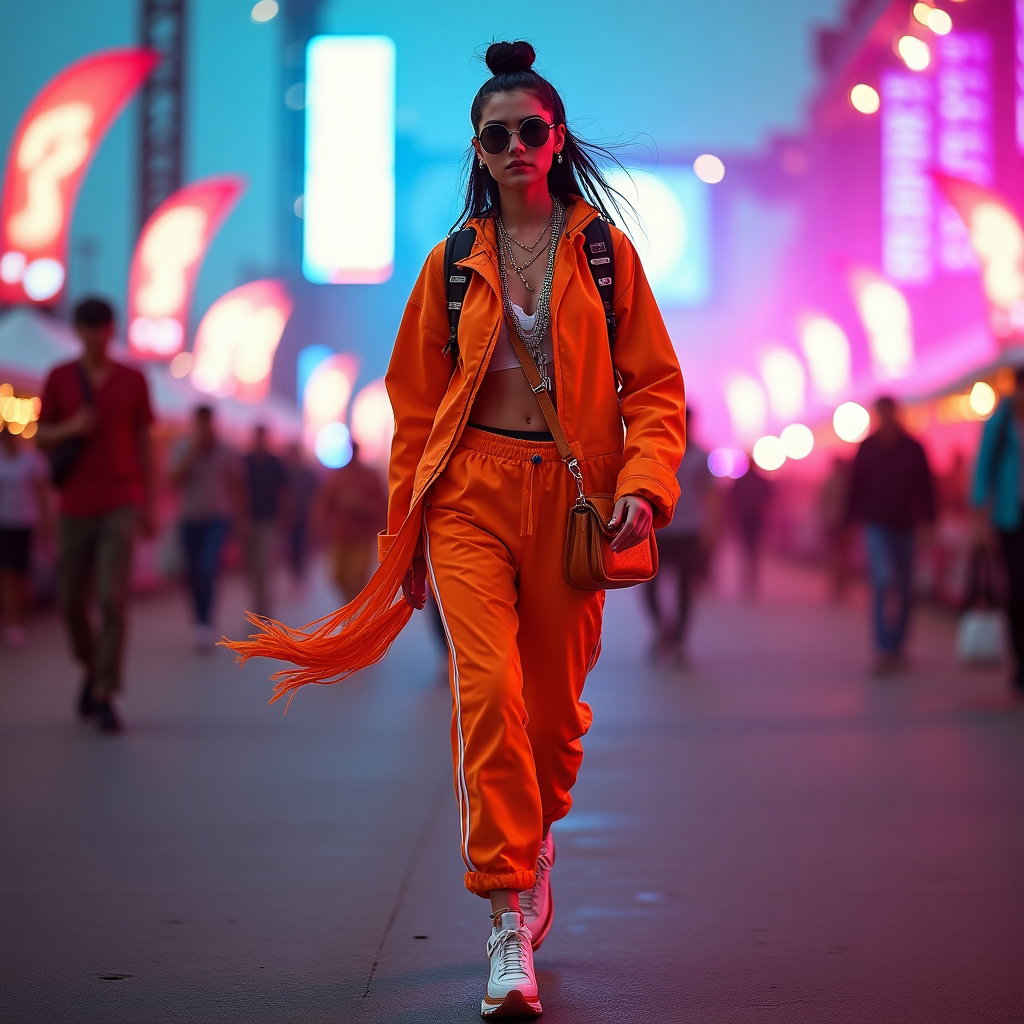 Full-Body Outfit Reveal Pose example: Photorealistic fashion photography. Motion/action full-body outfit reveal on an open festival walkway, with the subject