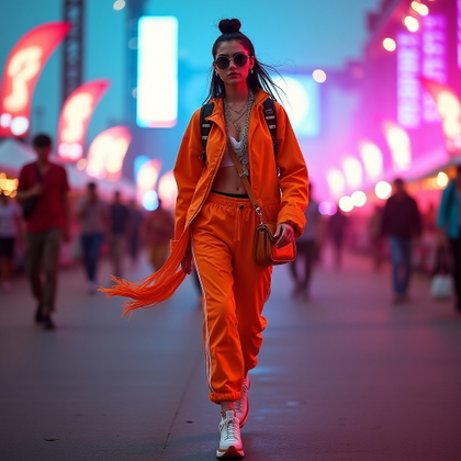 Full-Body Outfit Reveal Pose example: Photorealistic fashion photography. Motion/action full-body outfit reveal on an open festival walkway, with the subject