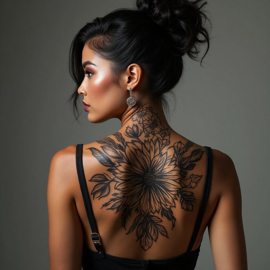 AI-generated photo: Photorealistic photography of a woman featuring a dynamic tribal floral tattoo across her upper back...