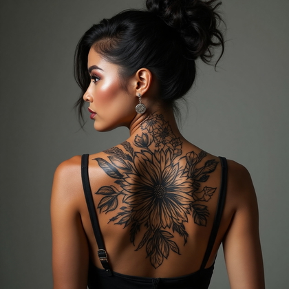 AI-generated photo: Photorealistic photography of a woman featuring a dynamic tribal floral tattoo across her upper back...