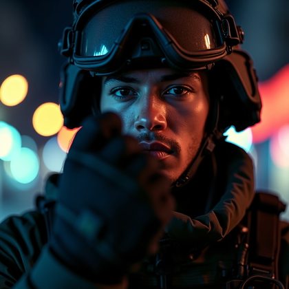 AI-generated photo: Photorealistic fashion-military portrait photography, cinematic close-up of a special operations ope...