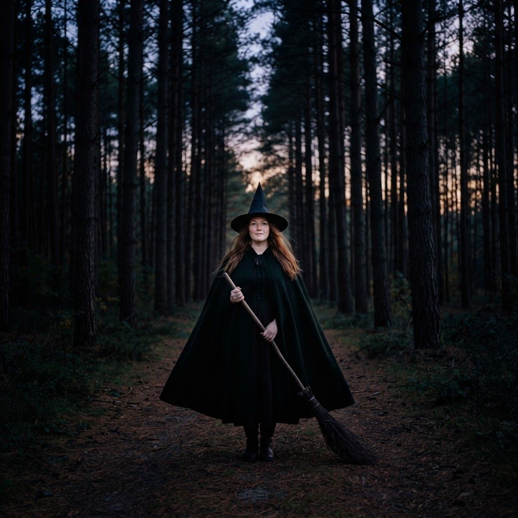 Witch on a Wooded Path: Wide, full-body dusk portrait on a straight wooded path lined with tall pines.