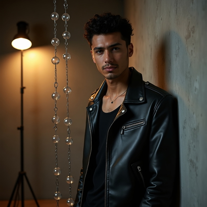 AI-generated photo: Photorealistic portrait photography. Contemporary gallery setting where a single tungsten spotlight ...