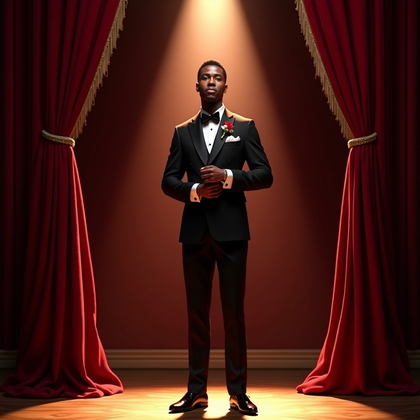 AI-generated photo: Photorealistic wedding editorial photography of a full-length hero portrait on an Art Deco theater s...