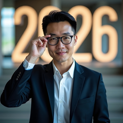 AI-generated photo: Professional headshot: Corporate atrium location with terrazzo steps and a minimalist LED installati...