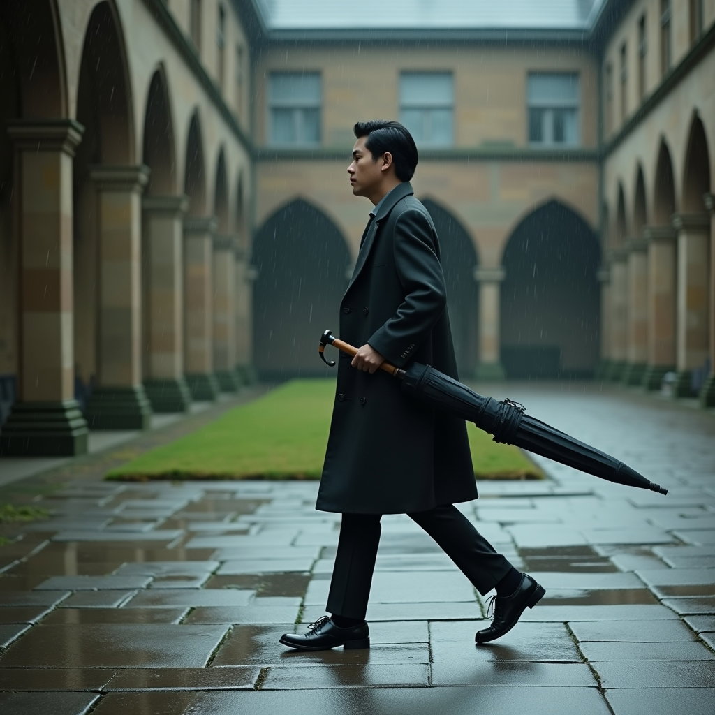 Rainy Courtyard: Full-body candid-style portrait of one person crossing a rain-slick courtyard mid-stride, coat hem moving in the drizzle, closed umbrella…
