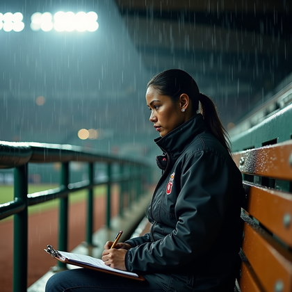 AI-generated photo: Photorealistic sports editorial photo: rain-delay dugout portrait with sheets of rain in the backgro...