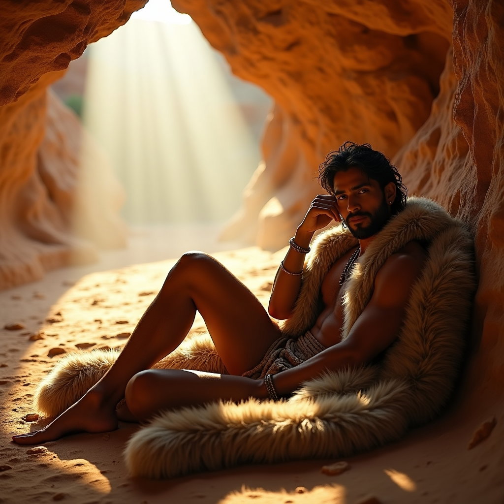 AI-generated photo: Photorealistic fashion-editorial photography inside a desert canyon cave at sunrise, the subject rec...