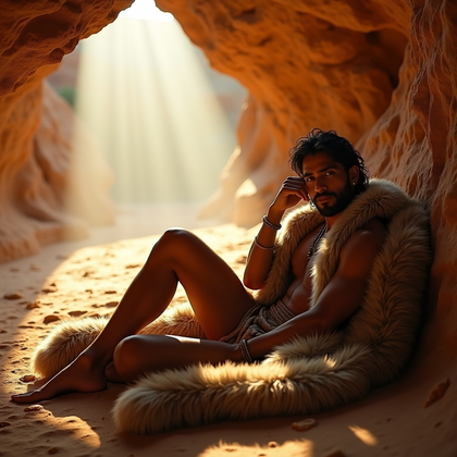 AI-generated photo: Photorealistic fashion-editorial photography inside a desert canyon cave at sunrise, the subject rec...