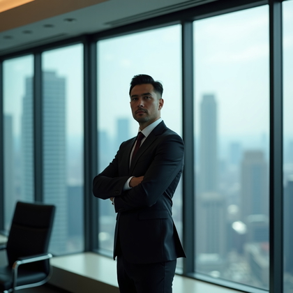 AI-generated photo: Professional headshot: Inside a corner boardroom with panoramic glass, the subject wears a tailored ...