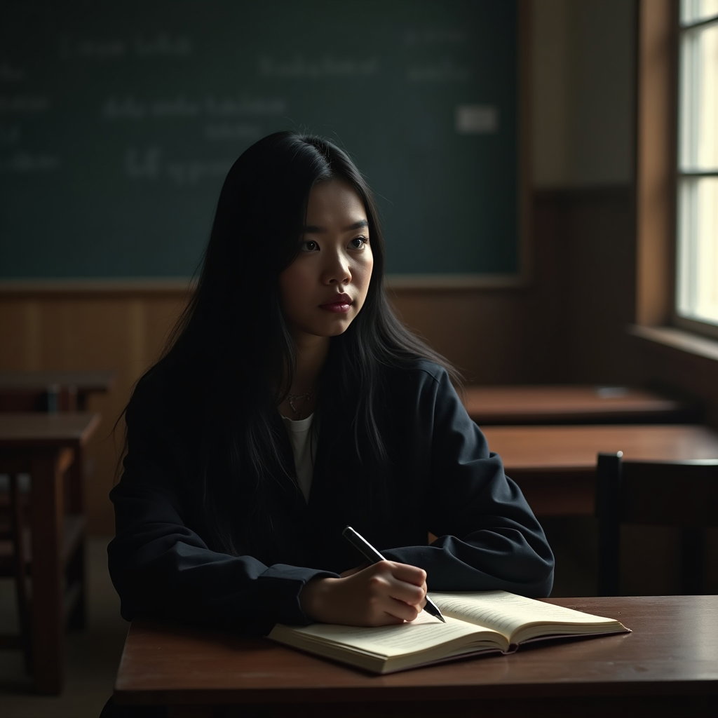 Lecture Hall Silence: Atmospheric wide portrait near the back of an empty wooden lecture hall, the person seated half in shadow with one elbow on the desk and…