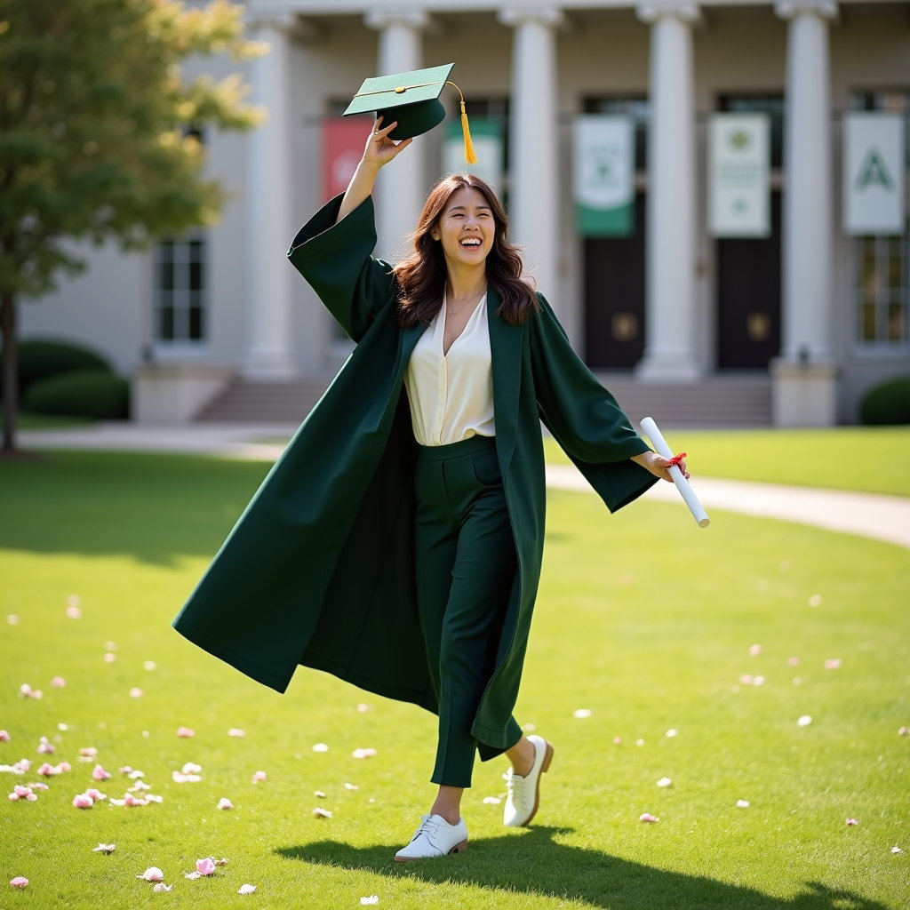 AI-generated photo: Professional fashion portrait photography, joyful smile-and-laugh graduation portrait created as a h...