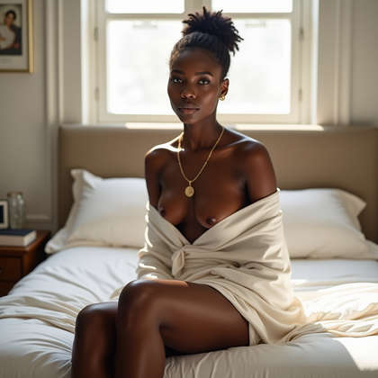 AI-generated photo: Photorealistic intimate lifestyle portrait photo in a sun-washed bedroom with crisp white sheets and...
