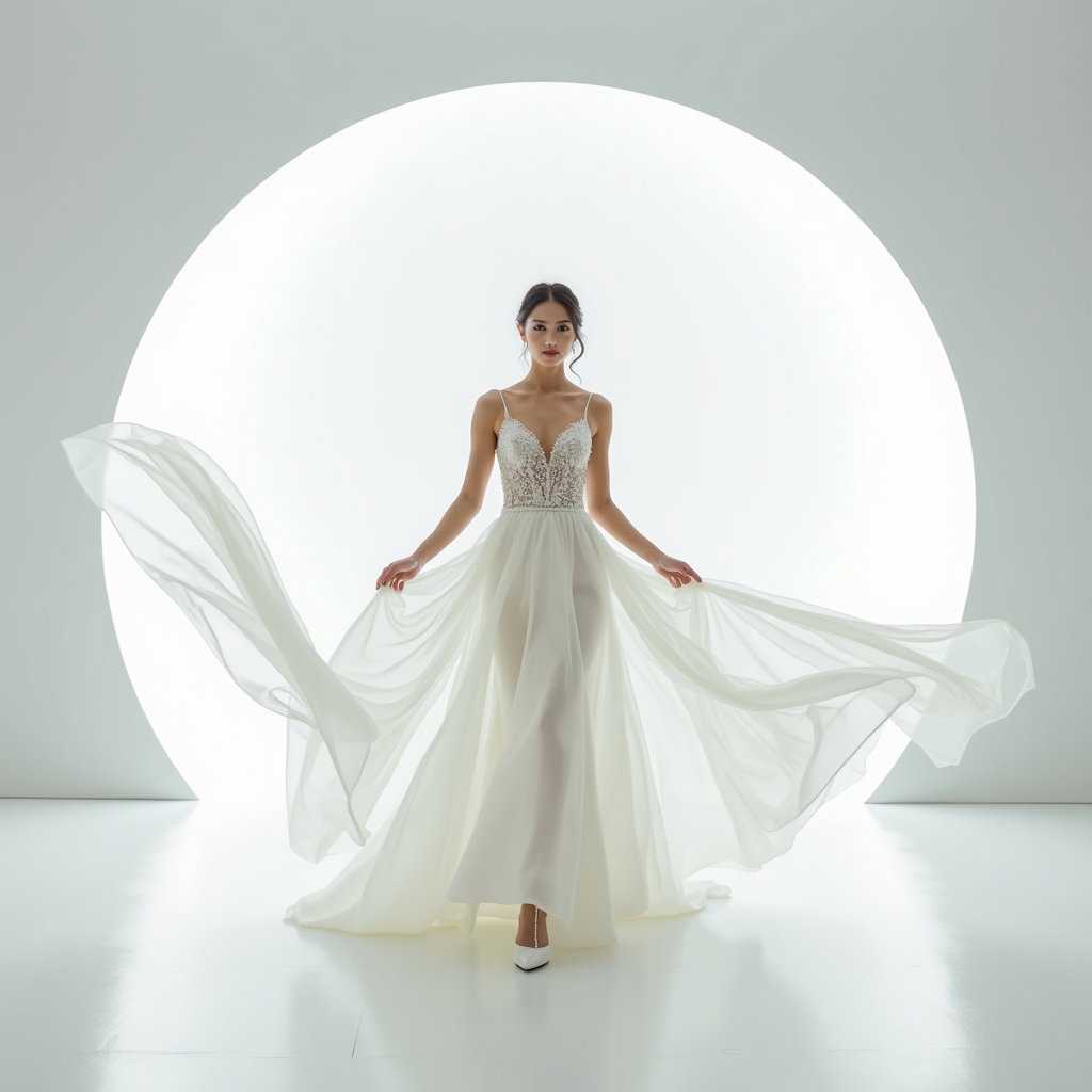 AI-generated photo: Photorealistic wedding photography — bright white cyclorama studio styled like a wind-tunnel test, c...