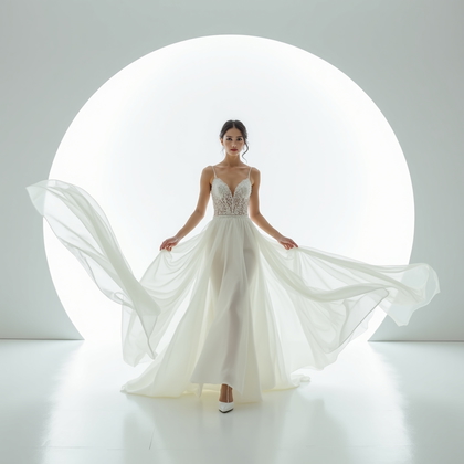 AI-generated photo: Photorealistic wedding photography — bright white cyclorama studio styled like a wind-tunnel test, c...