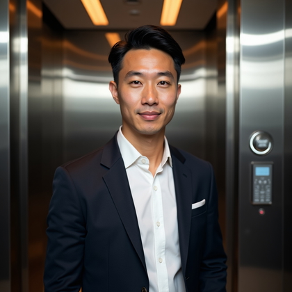 AI-generated photo: Professional headshot: Chest-up portrait in a high-rise elevator lobby framed between vertical backl...