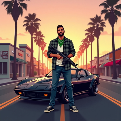 AI-generated photo: Overview - A stylized, poster-like illustration of an adult person standing in the middle of a palm-...