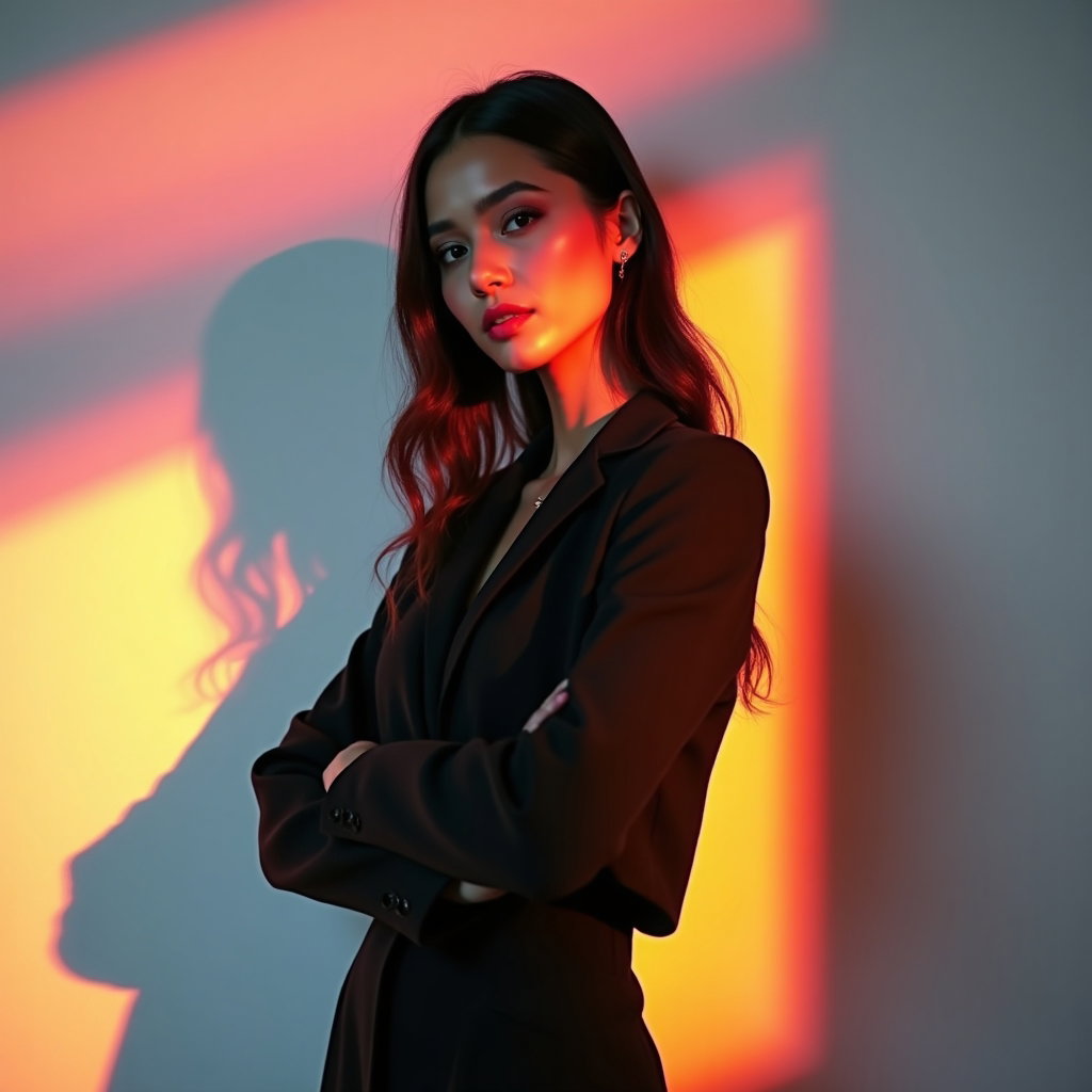 Natural Pride Portraits That Avoid Prop Overload example: Photorealistic editorial portrait photography. Hero image with the subject standing against a clean studio wall washed w