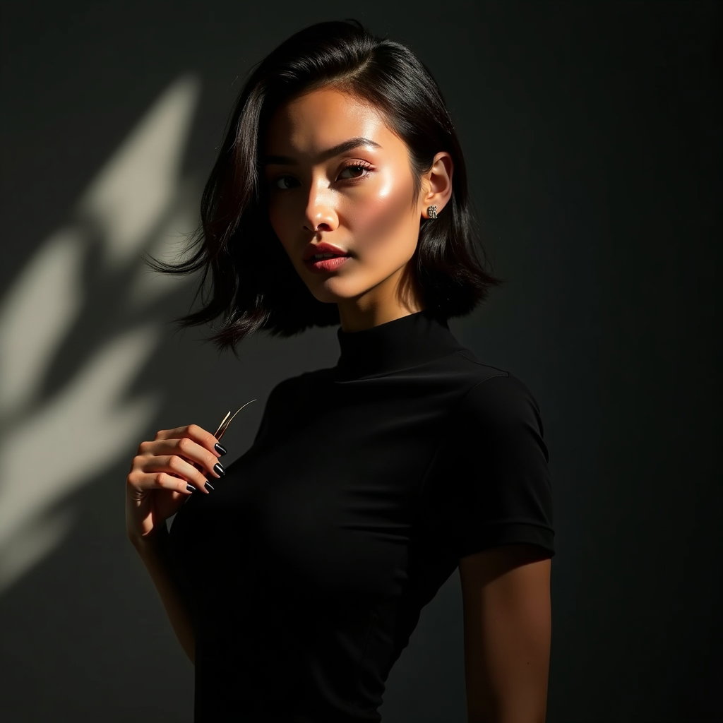AI-generated photo: Photorealistic studio fashion portrait photography with a high-contrast look: deep charcoal backdrop...