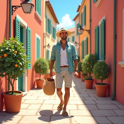 Natural Walking Portraits That Avoid Tourist Snapshot Poses example: Photorealistic Riviera vacation portrait. Environmental portrait in a pastel coastal village alley, the subject walking