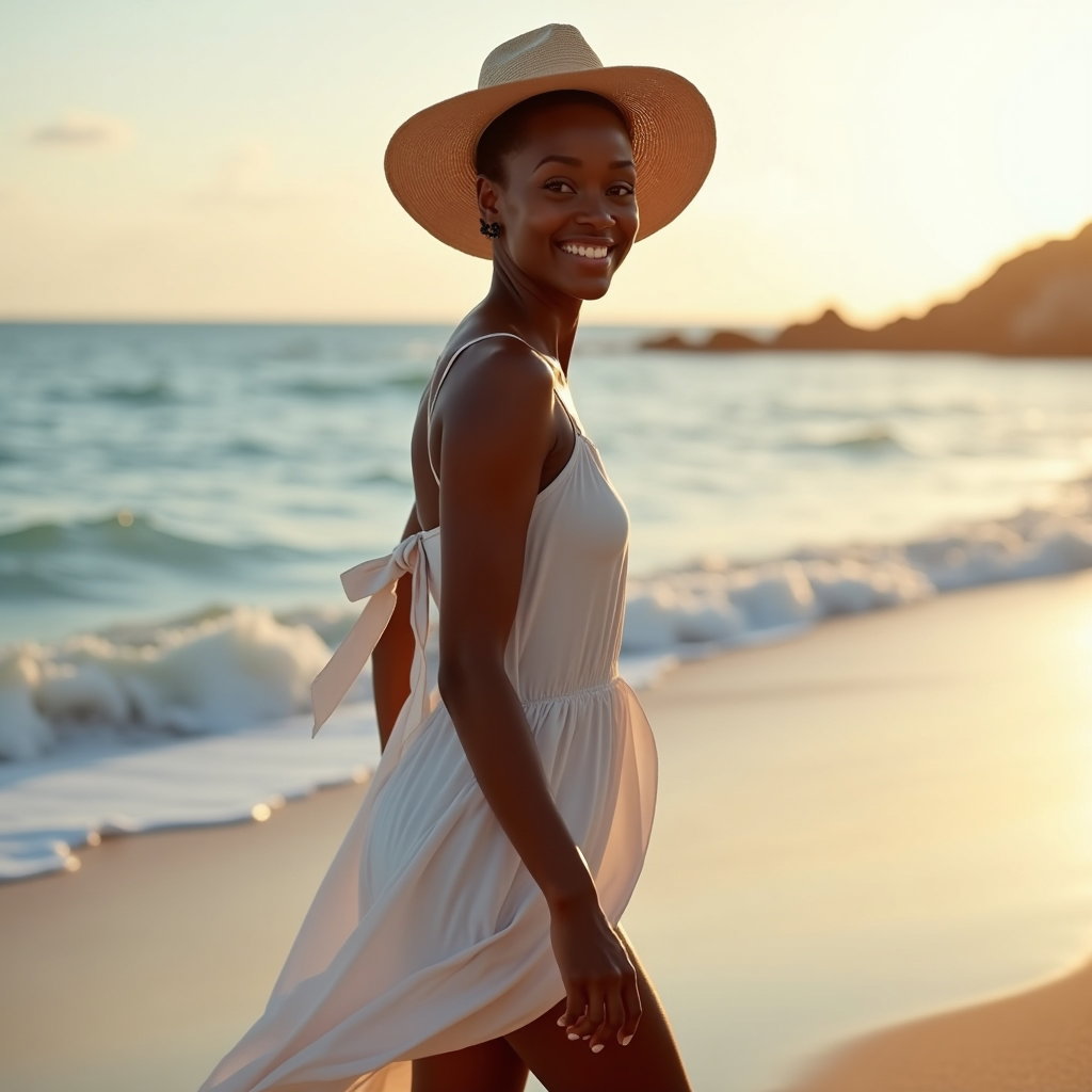 Golden Hour Beach Walk Photo example: Dating profile photo. Half-body beach walk image with the subject turning back toward the camera mid-step, one hand ligh