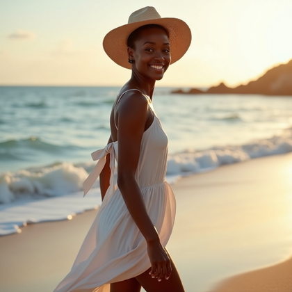 Golden Hour Beach Walk Photo example: Dating profile photo. Half-body beach walk image with the subject turning back toward the camera mid-step, one hand ligh