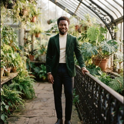 A single subject standing in a lush greenhouse, one hand resting on a wrought-iron railing. A forest-green velvet blazer and cream high-neck top complement the surrounding foliage. Warm afternoon light filters through glass panels; three-quarter portrait composition with soft botanical bokeh and an elegant editorial-photography style.