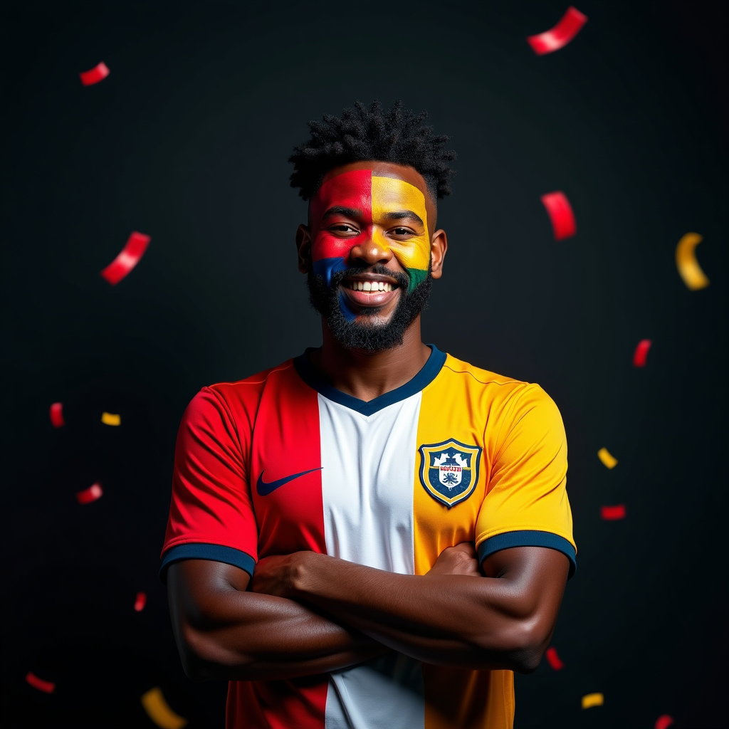 Bold Face-Paint Fan Portraits in National Colors example: Photorealistic half-body sports fan portrait photography. Subject stands with crossed arms in a fitted team jersey and f