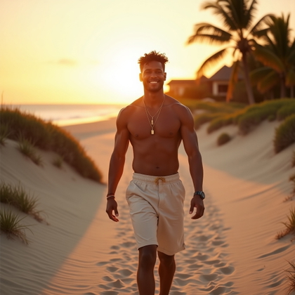 Golden Hour Beach Walk Photo example: Dating profile photo. Environmental portrait on a wide sandy beach path with dunes, palms, and the sunset horizon framin