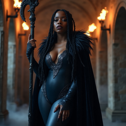 AI-generated photo: Cosplay villain photo showcasing a seductive villainous character draped in a flowing midnight blue ...