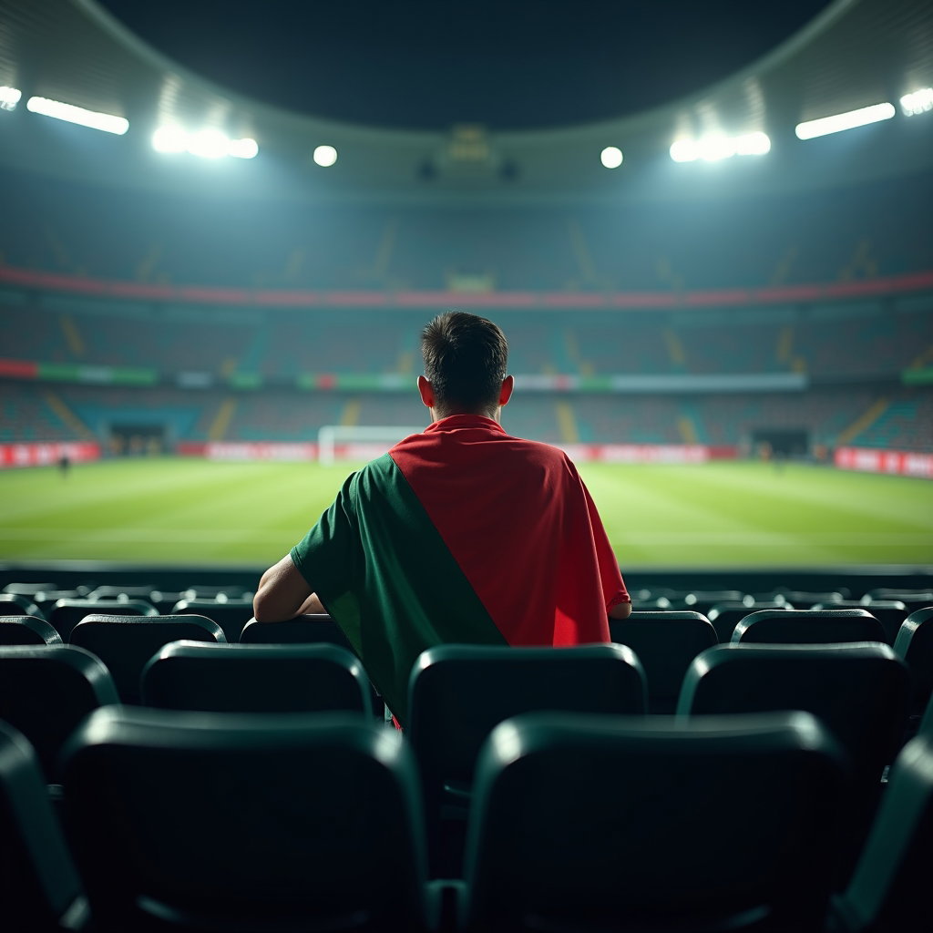 Natural Fan Portraits That Avoid Forced Poses example: Photorealistic editorial sports fan portrait photography. Wide hero portrait in an almost-empty stadium aisle after the