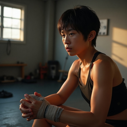 AI-generated photo: Professional photorealistic portrait focusing on the serene aftermath of a UFC fight. The scene take...