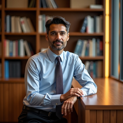 AI-generated photo: Professional headshot. Shot in a quiet workplace library with warm walnut shelves and a single verti...