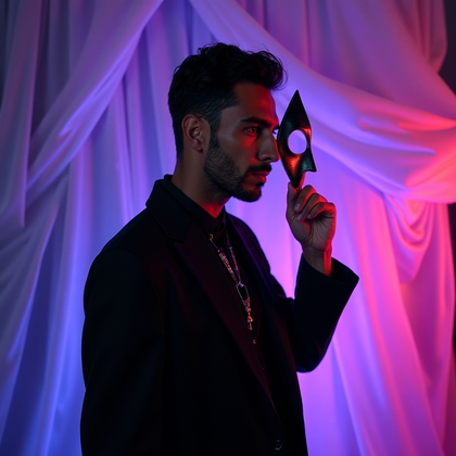 AI-generated photo: Photorealistic studio portrait photograph. The subject stands in a three-quarter body frame against ...