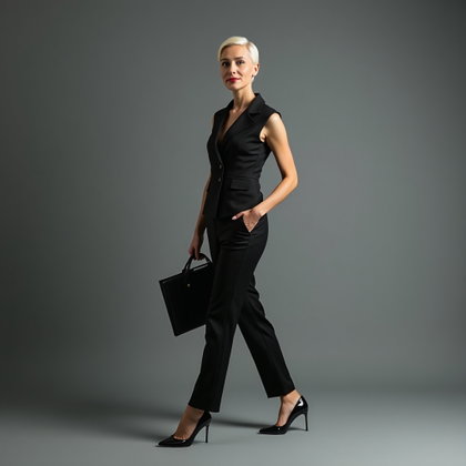 Gilet de tailleur et pantalon : image de studio en pied avec un fond ardoise et une lumière latérale discrète.